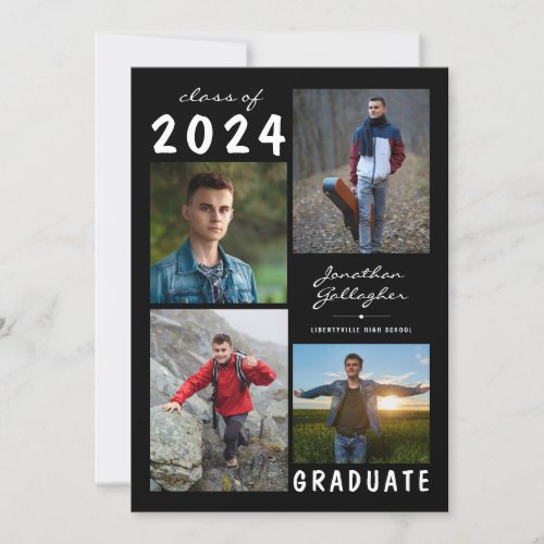 Graduation Modern 5 Photo Script Black White Announcement