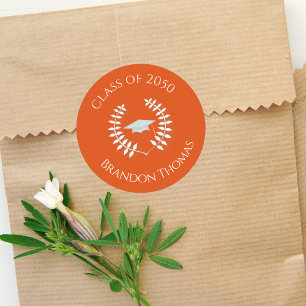 Graduation Modern Classic Laurel Bright Orange Round Sticker