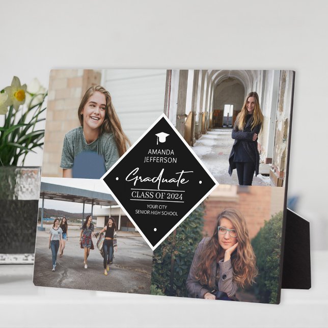 Graduation modern elegant script 4 photo collage p plaque (Creator Uploaded)