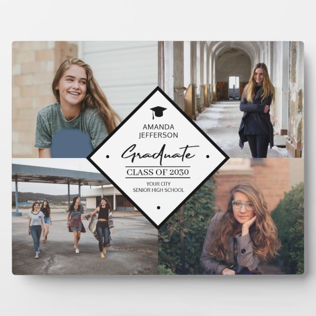 Graduation modern elegant script 4 photo collage plaque (Front)