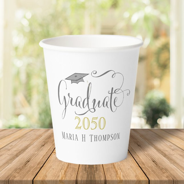 Graduation Modern Elegant Script Mortarboard Gold Paper Cups (Creator Uploaded)
