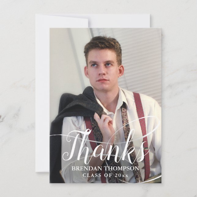 Graduation Modern Elegant Script Photo Thank You Card (Front)