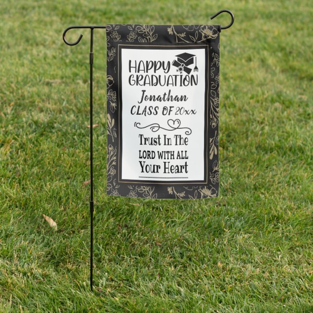 Graduation Modern Gold Black Frame Bible Verese Garden Flag (In SItu)