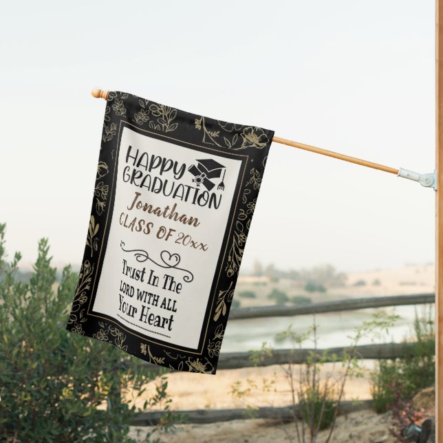 Graduation Modern Gold Black Frame Bible Verese House Flag (Insitu (Back))