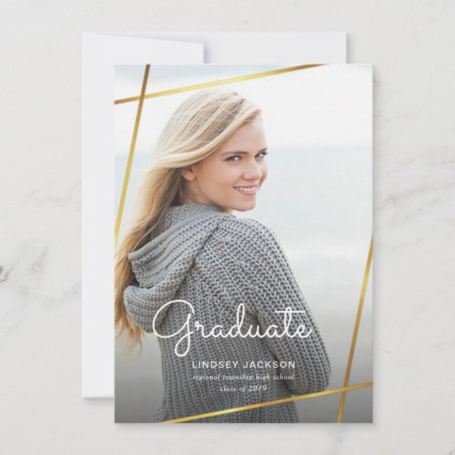 Graduation Modern Gold Geometric Photo Invitation (Front)