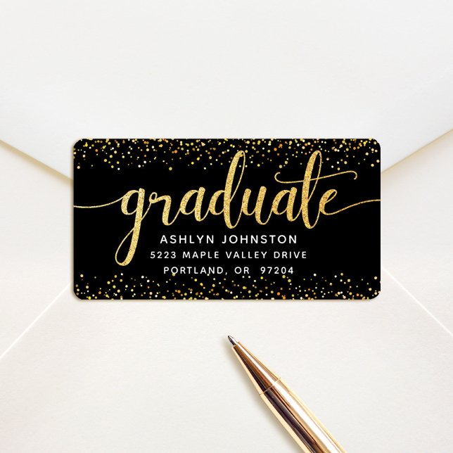 Graduation modern gold script on black address label (Creator Uploaded)