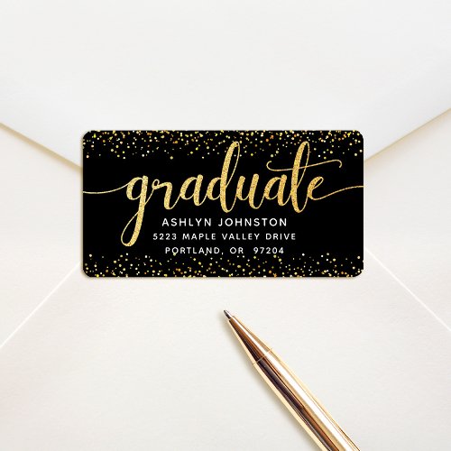 Graduation modern gold script on black address label
