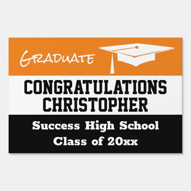 Graduation Modern Grad Cap Orange White Black Sign (Front)