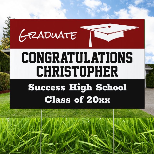 Graduation Modern Grad Cap Red Maroon Black Sign (Creator Uploaded)