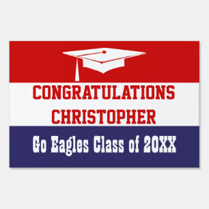 Graduation Modern Grad Cap Red, White Blue Simple Sign