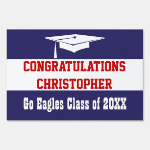 Graduation Modern Grad Cap Red, White Blue Simple  Sign
