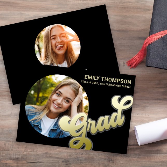 Graduation Modern Minimalist Black and Gold Announcement (Graduation gold typography circle photo announcement template.)