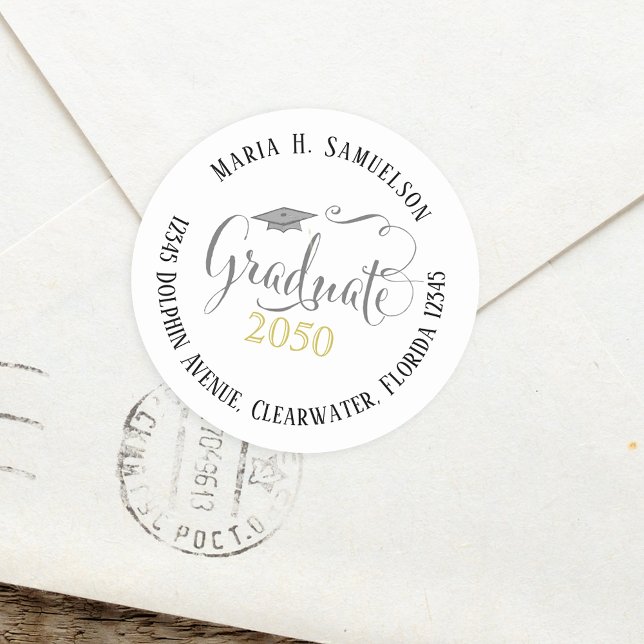 Graduation Modern Minimalist Mortarboard Gold Classic Round Sticker (Creator Uploaded)