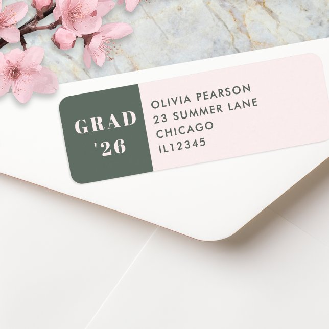 Graduation Modern Minimalist Sage Green Blush Label (A modern return address label, in sage green and blush pink, with custom graduation year)