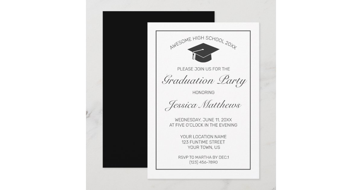 Graduation Modern Minimalist White Black Invitation | Zazzle