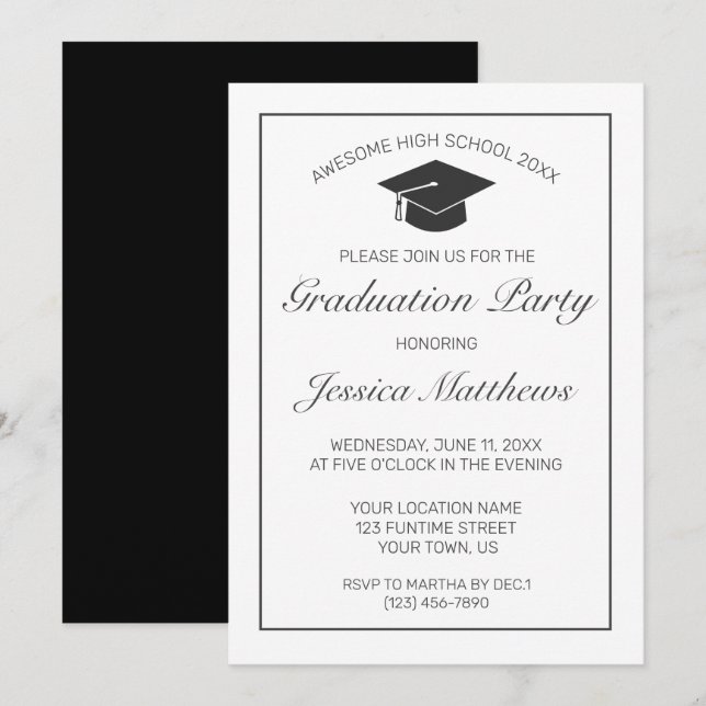 Graduation Modern Minimalist White Black Invitation (Front/Back)