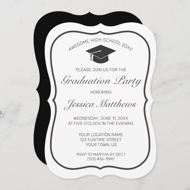 Graduation Modern Minimalist White Black Invitation (Front/Back)