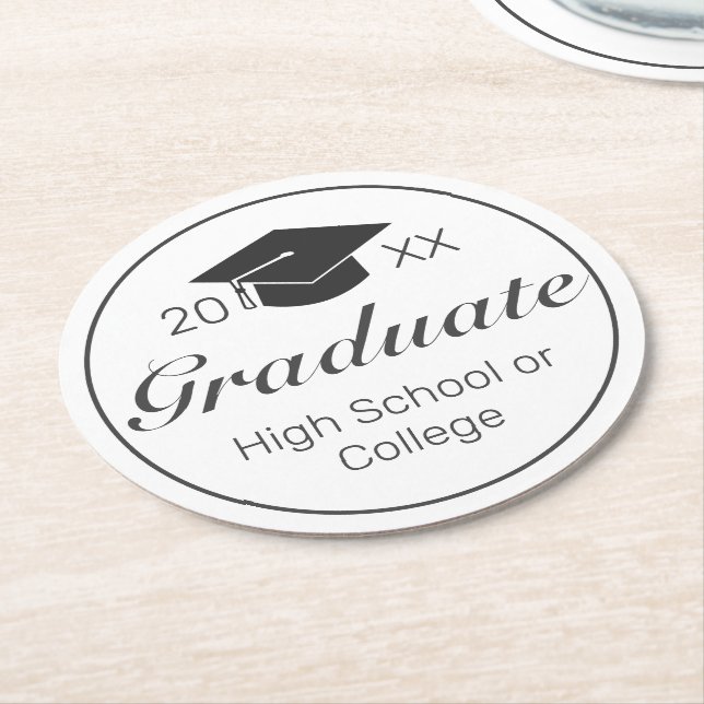 Graduation Modern Minimalist White Black Round Paper Coaster (Angled)