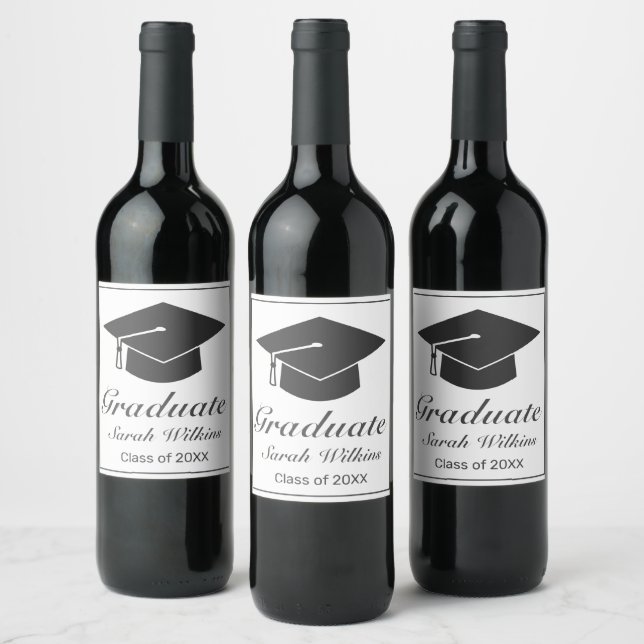 Graduation Modern Minimalist White Black Wine Label (Bottles)