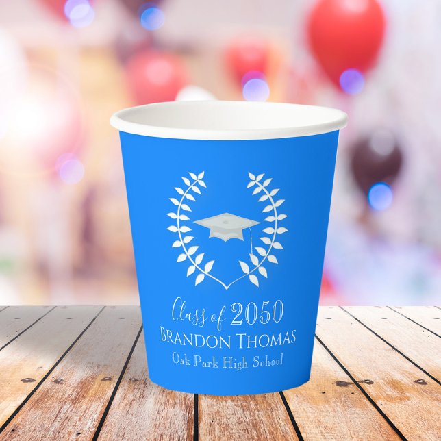 Graduation Modern Mortarboard Elegant Azure Blue Paper Cups (Creator Uploaded)