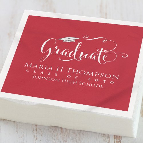 Graduation Modern Mortarboard Script Cardinal Red Napkins