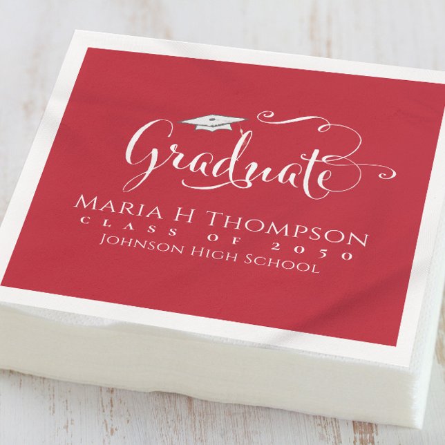 Graduation Modern Mortarboard Script Cardinal Red Napkins (Creator Uploaded)