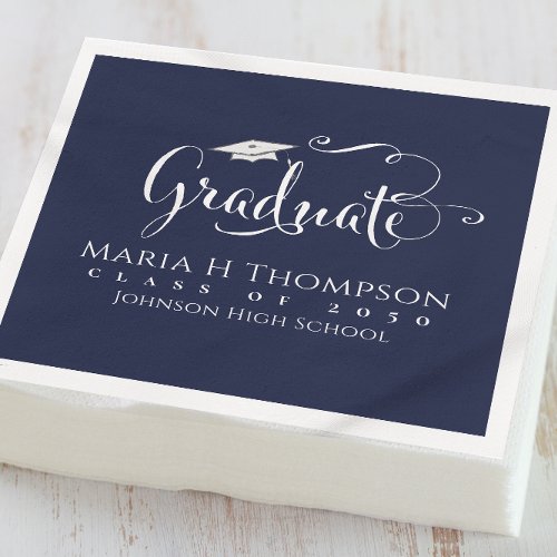 Graduation Modern Mortarboard Script Navy Blue Napkins