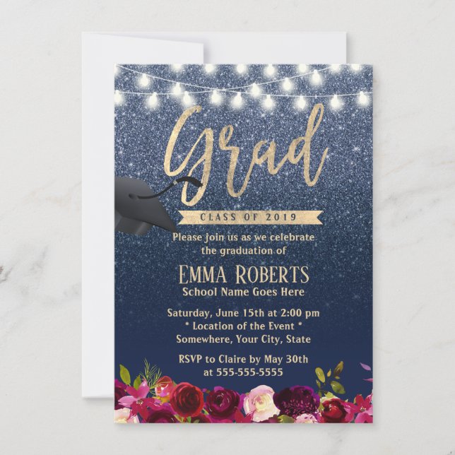 Graduation Modern Navy Blue Burgundy Red Floral Invitation (Front)