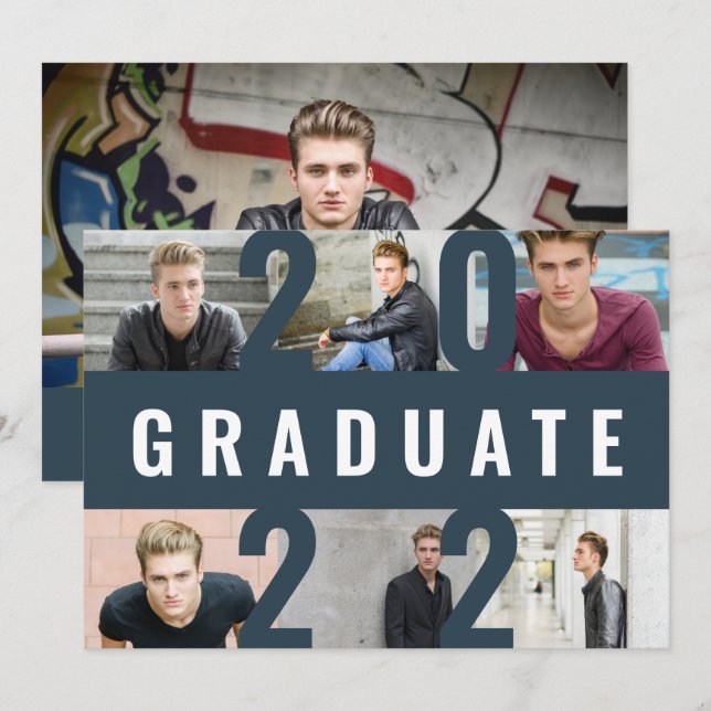Graduation modern photo collage graphic navy blue announcement (Front/Back)