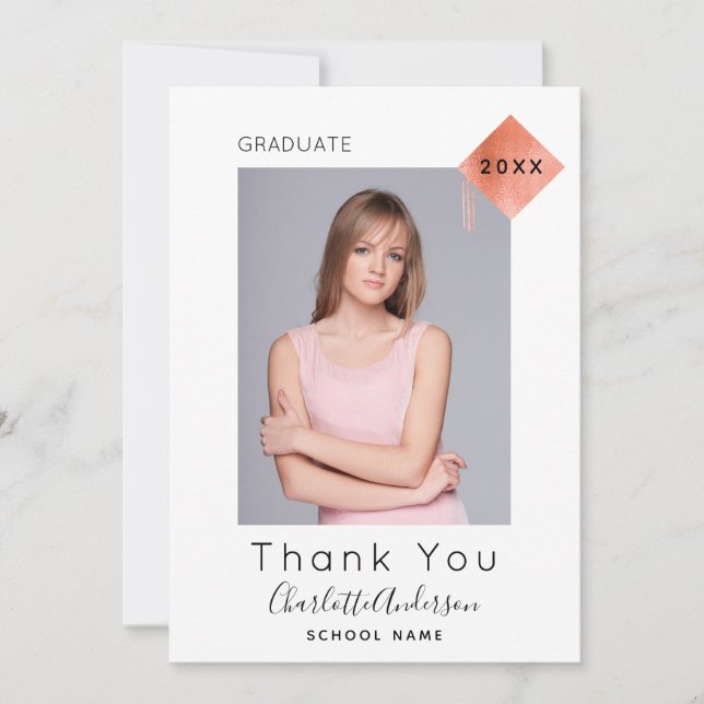 Graduation modern photo rose gold thank you card (Front)