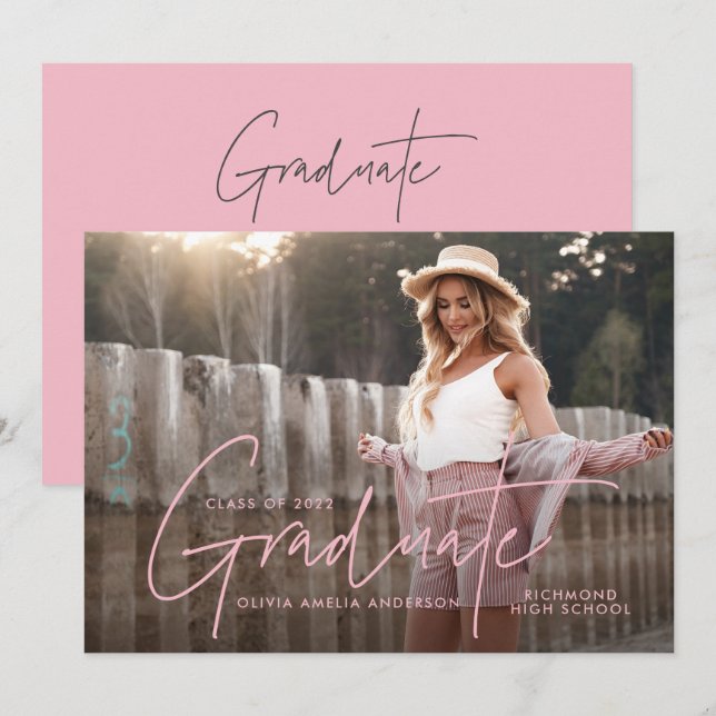 Graduation modern photo script elegant pink girly invitation (Front/Back)