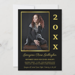Graduation Modern Photo Simple Grad Gold Black Announcement