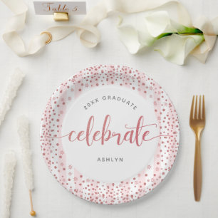Graduation modern rose gold glitter dots & script paper plates
