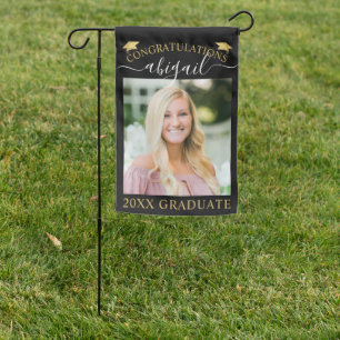 Graduation Modern Script Black Gold Photo Garden Flag
