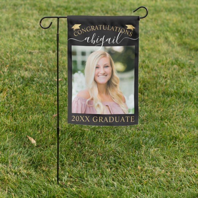 Graduation Modern Script Black Gold Photo Garden Flag (In SItu)