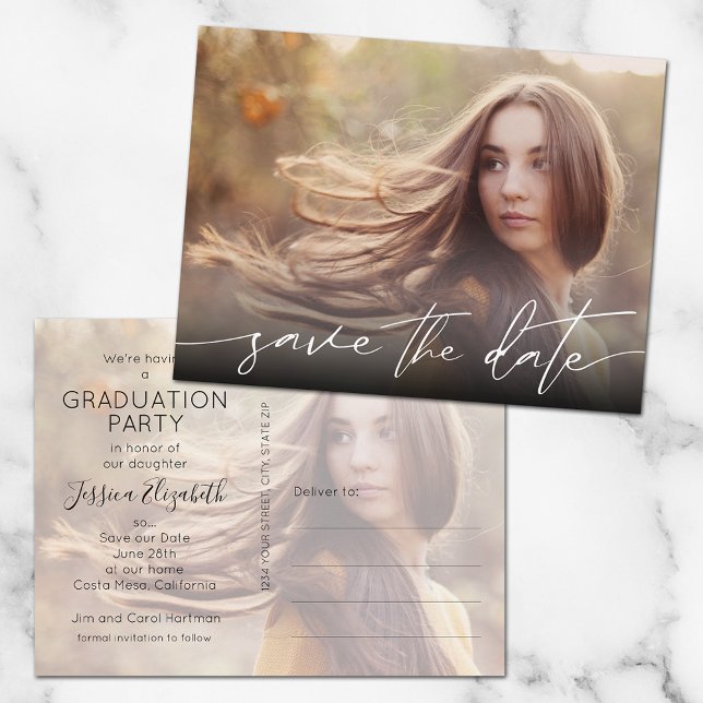 Graduation Modern Script Save the Date Postcard (Creator Uploaded)