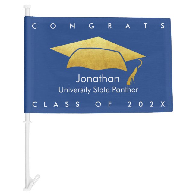 Graduation Modern Simple Bold Gold Cap Navy Blue Car Flag