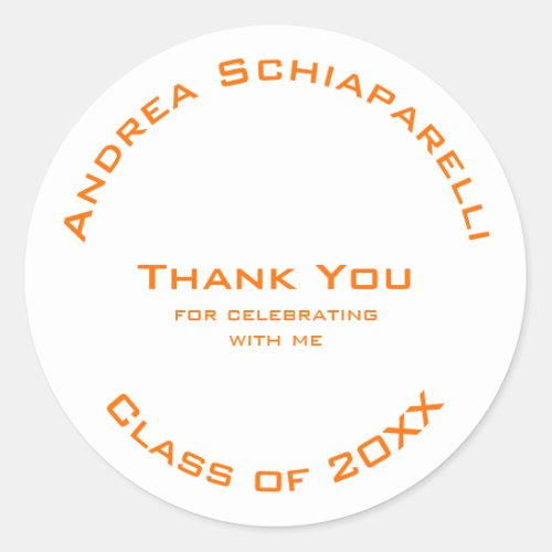 Graduation Modern Simple Orange Custom Thank You Classic Round Sticker