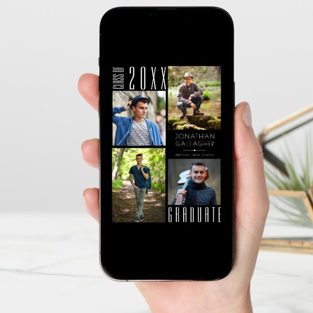 Graduation Modern Sleek Four Photos Black Announcement (Front Digital)