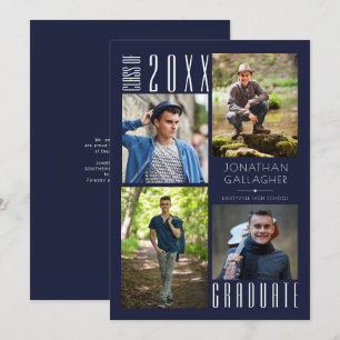 Graduation Modern Sleek Four Photos Navy Blue Announcement