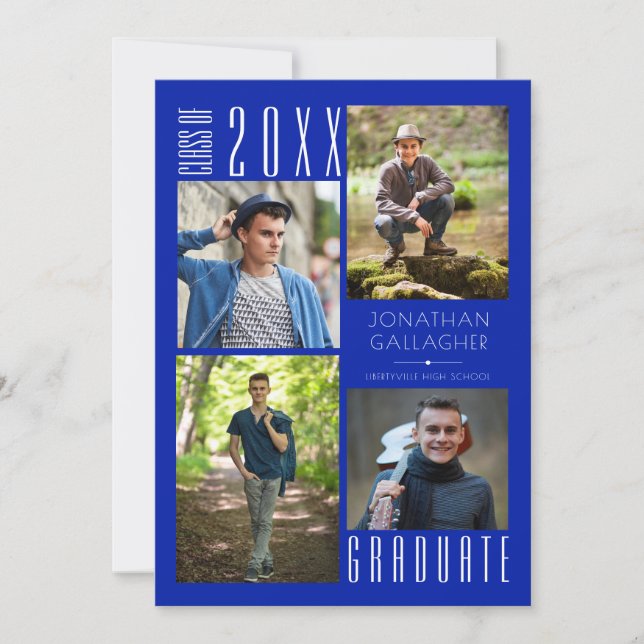 Graduation Modern Sleek Four Photos Royal Blue Announcement (Front)