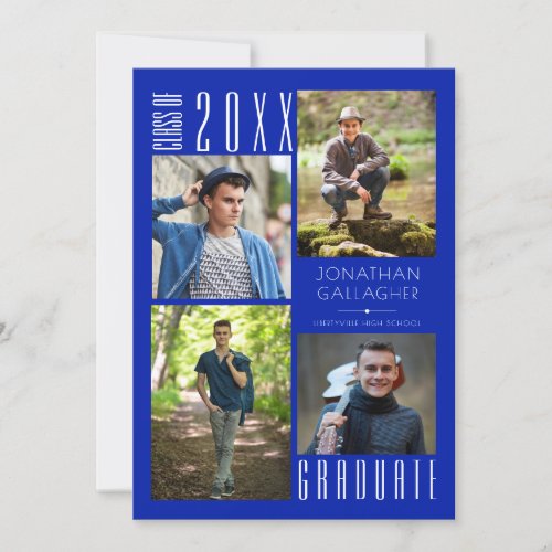 Graduation Modern Sleek Four Photos Royal Blue Announcement