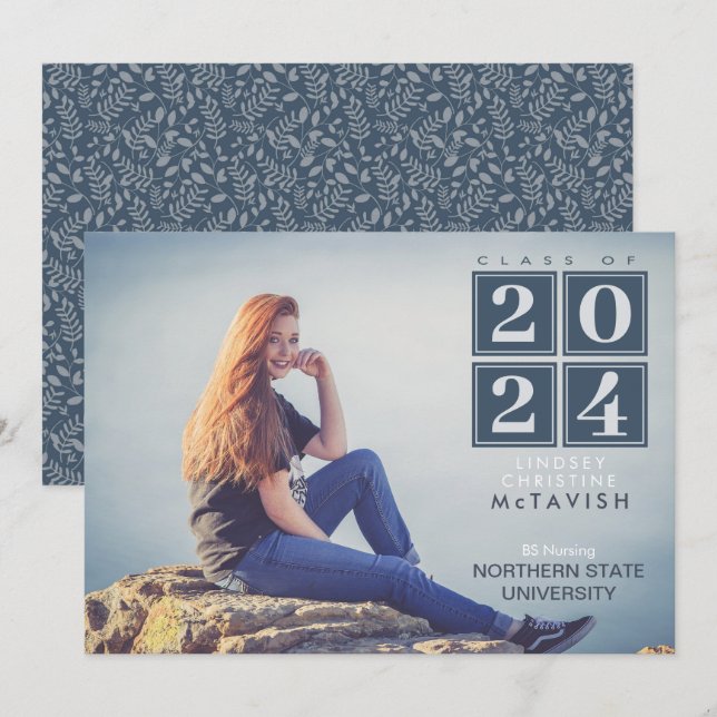 Graduation | Modern Squares Navy Blue Photo Invitation (Front/Back)