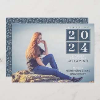 Graduation | Modern Squares Navy Blue Photo Invitation
