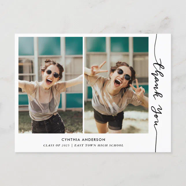 Graduation Modern Thank You Script Photo Collage Postcard | Zazzle