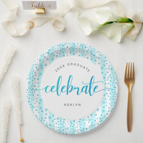 Graduation modern turquoise glitter script dots paper plates