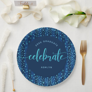 Graduation modern turquoise script & glitter dots paper plates