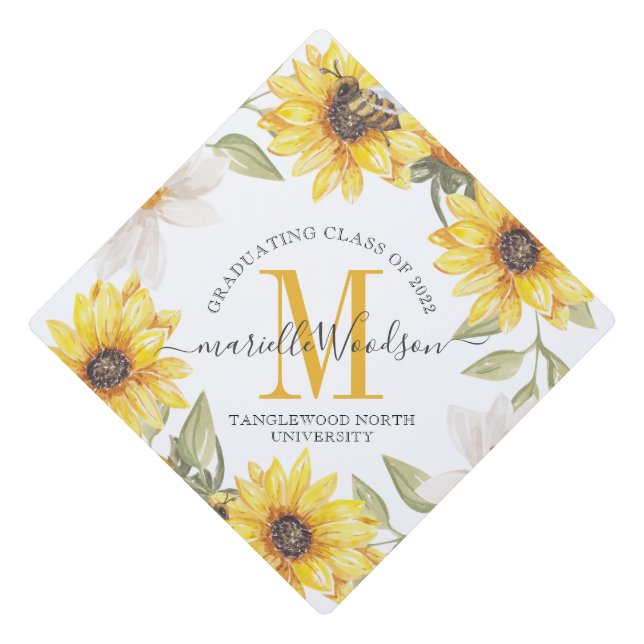 Graduation Monogram Class Of 2022 Sunflower Floral Cap Topper (Front)
