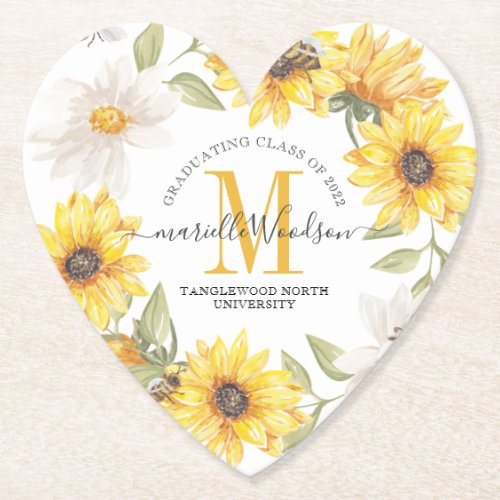 Graduation Monogram Class Of 2022 Sunflower Floral Paper Coaster