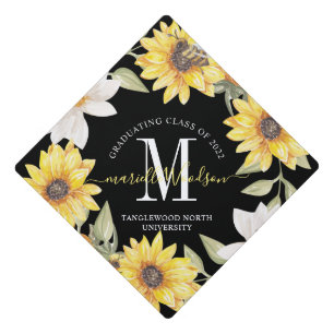 Graduation Monogram Class Of 2022 Sunflowers Black Cap Topper